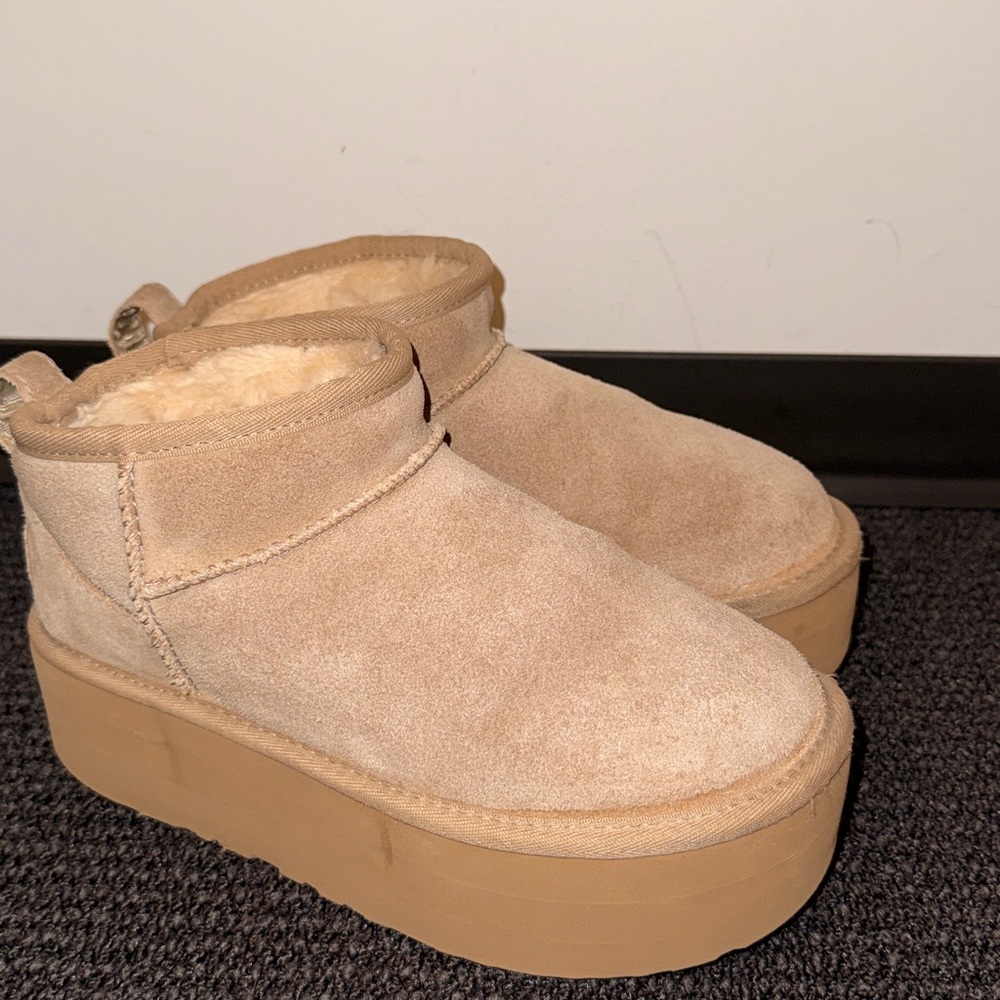 UGG Women’s Classic Ultra Mini Platform suede boots, sand